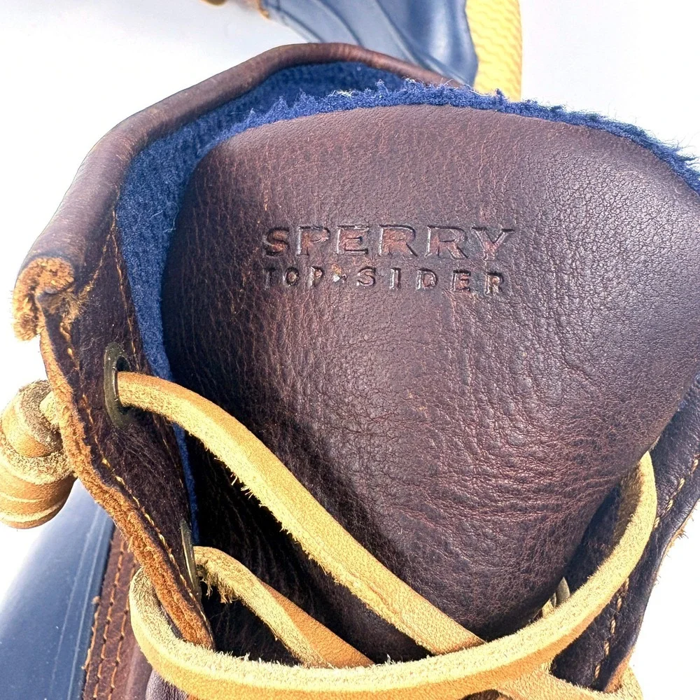 Sperry Saltwater Duck Boots‎ Womens Sz 8.5 Blue Brown Waterproof Rubber Leather